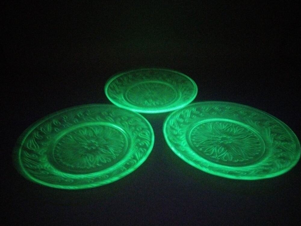 3 Vintage US Glass Uranium Depression Glass 6” Bread & Butter Plate with Scroll